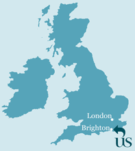 Map of the UK showing the location of Sussex next to Brighton and London